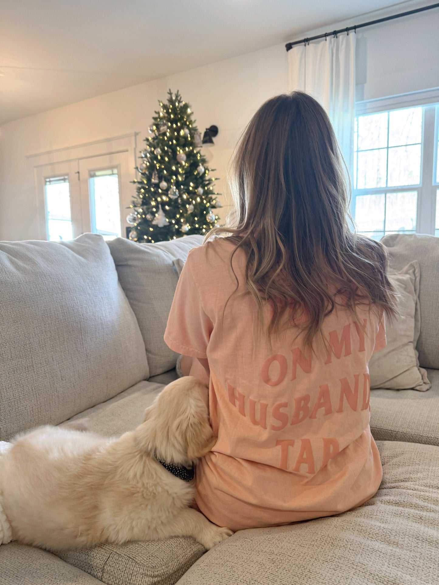 Put It On My Husbands Tab Tee- Peach